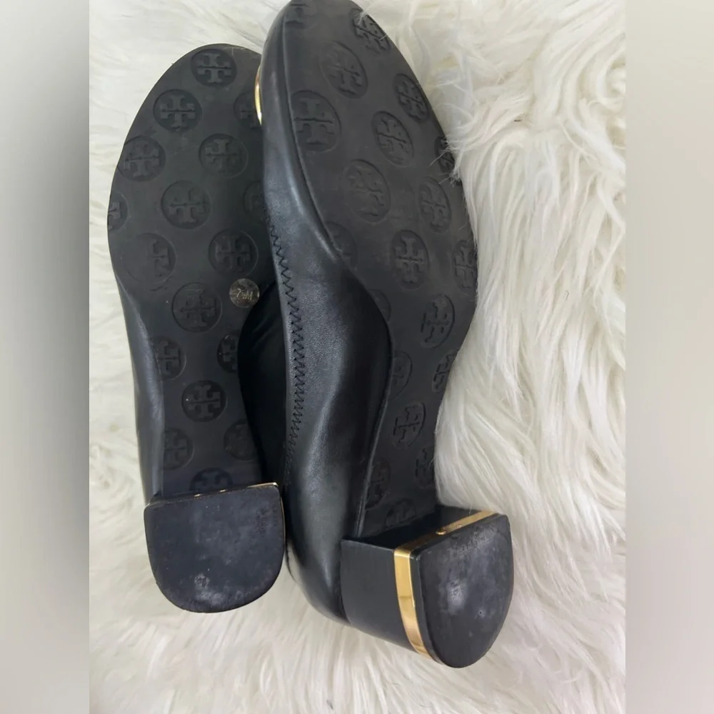 Tory Burch Black Leather Logo Ballet Flats with Gold Emblem